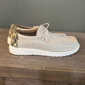 Hey Dude Beige Linen Slip-On with Camo Heel